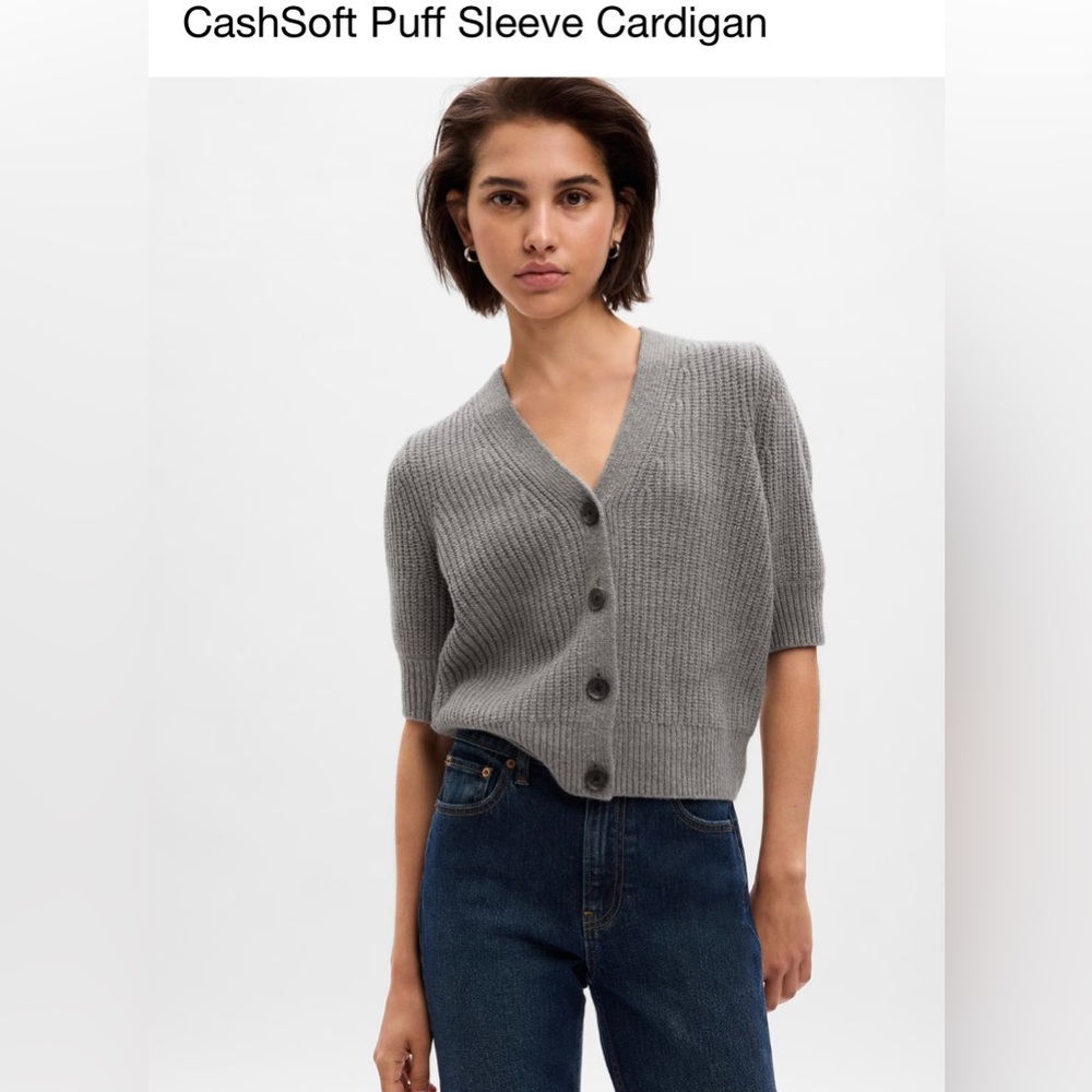 GAP Gray CashSoft Puff Sleeve Cardigan